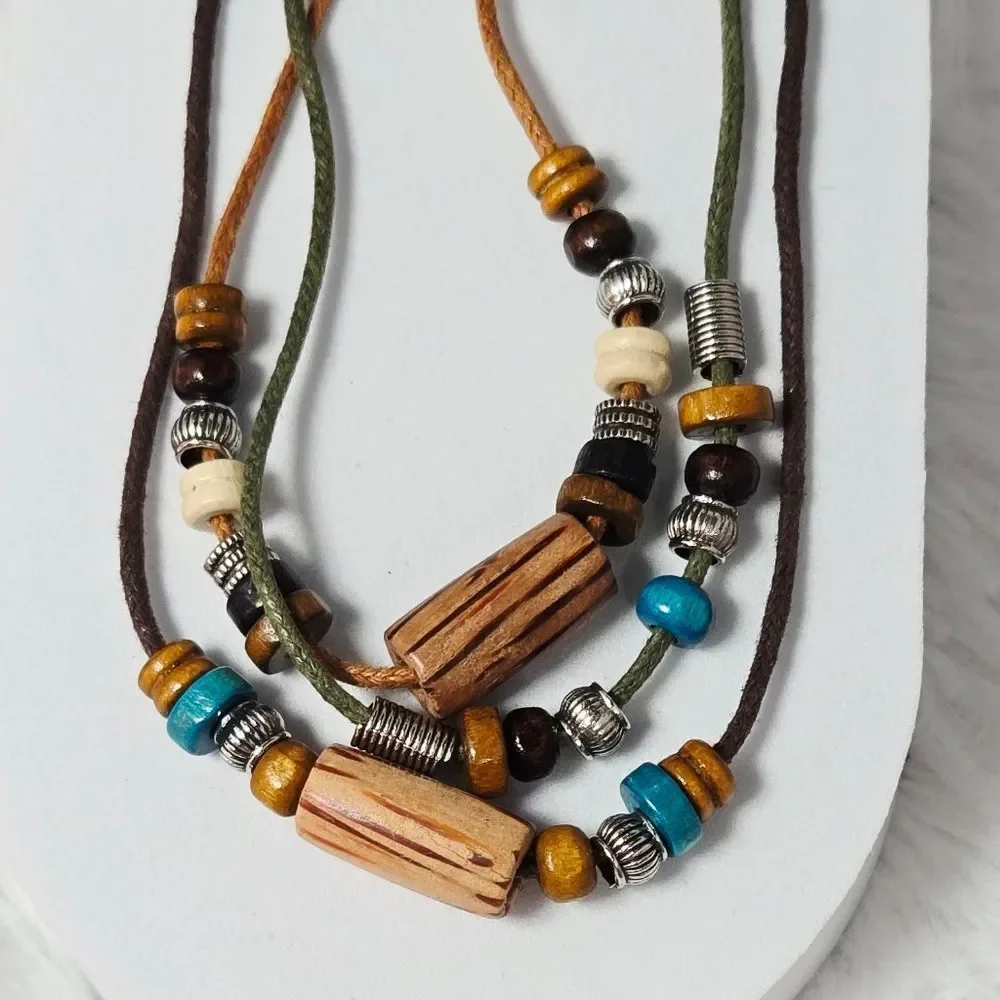 Bohemian Layered Wood Bead Necklace Bracelet Set Adjustable Faux Leather Unisex